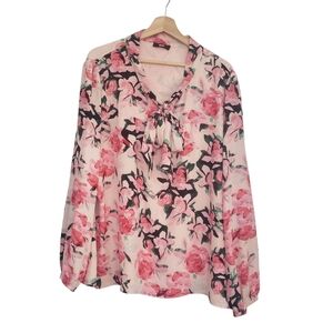 DKNY Shirt Blouse Long Sleeve Floral Office Business Button Tie Neck Read Size